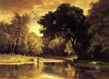 Pescador en un paisaje de arroyo Tonalista George Inness Pinturas al óleo